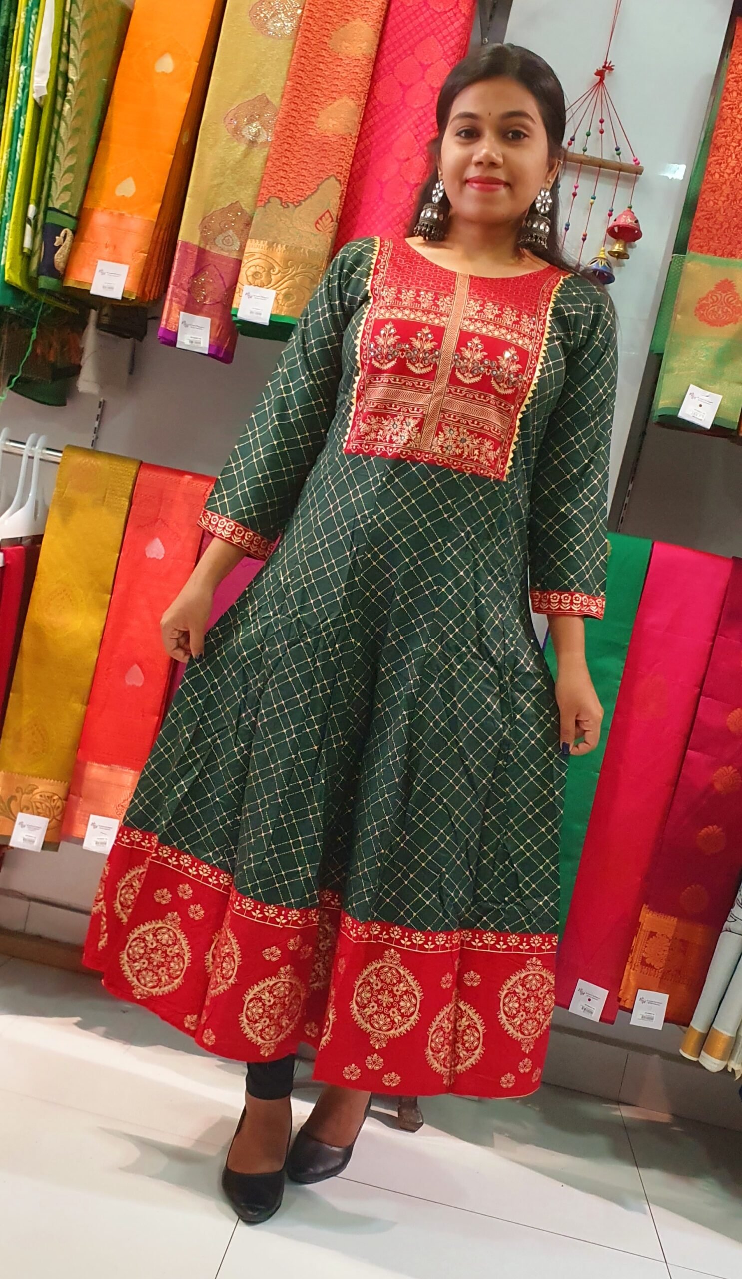 Dark Green and Marroon Gold Printed Frock Style Kurthi Dark Green and Marroon Gold Printed Frock Style Kurthi