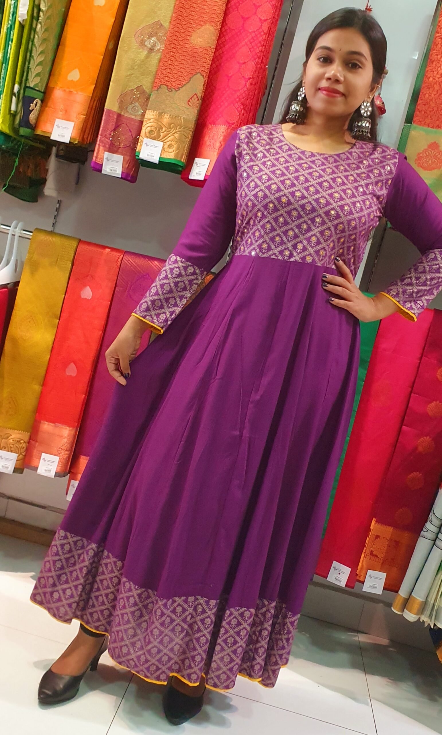 Purple and Yellow Embroidery Frock Style Kurthi - Image 4