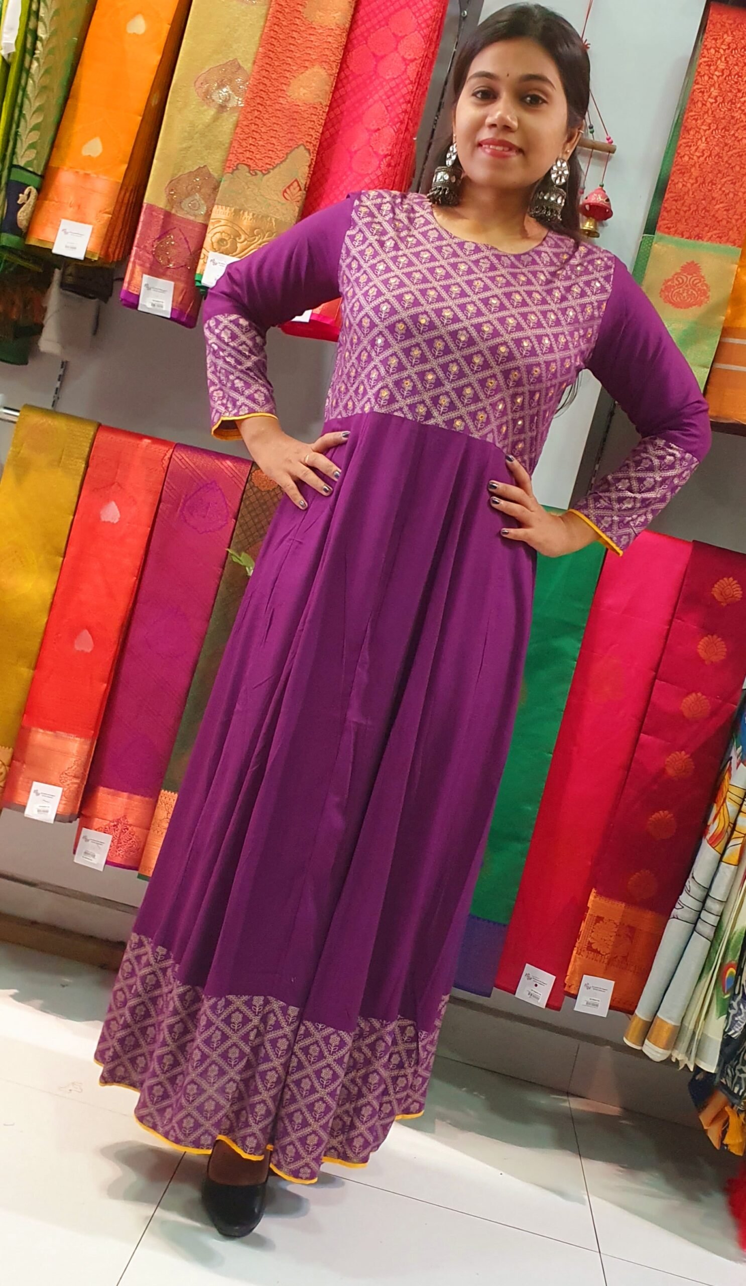 Purple and Yellow Embroidery Frock Style Kurthi - Image 2