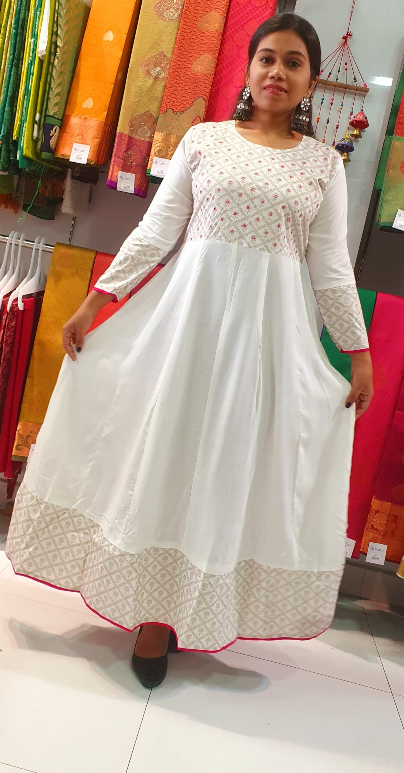 White and Pink Embroidery Frock Style Kurthi