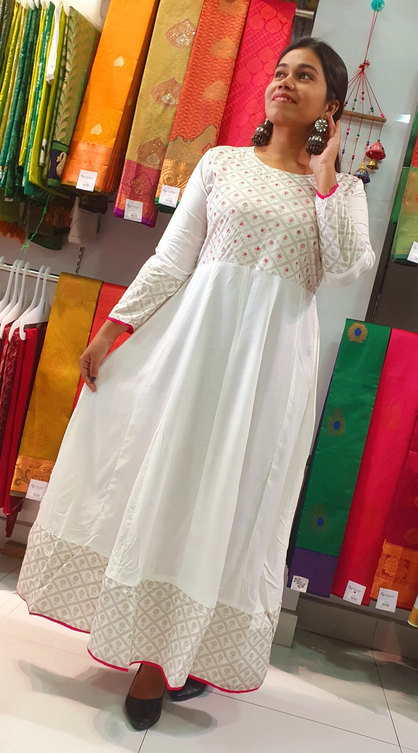White and Pink Embroidery Frock Style Kurthi - Image 4
