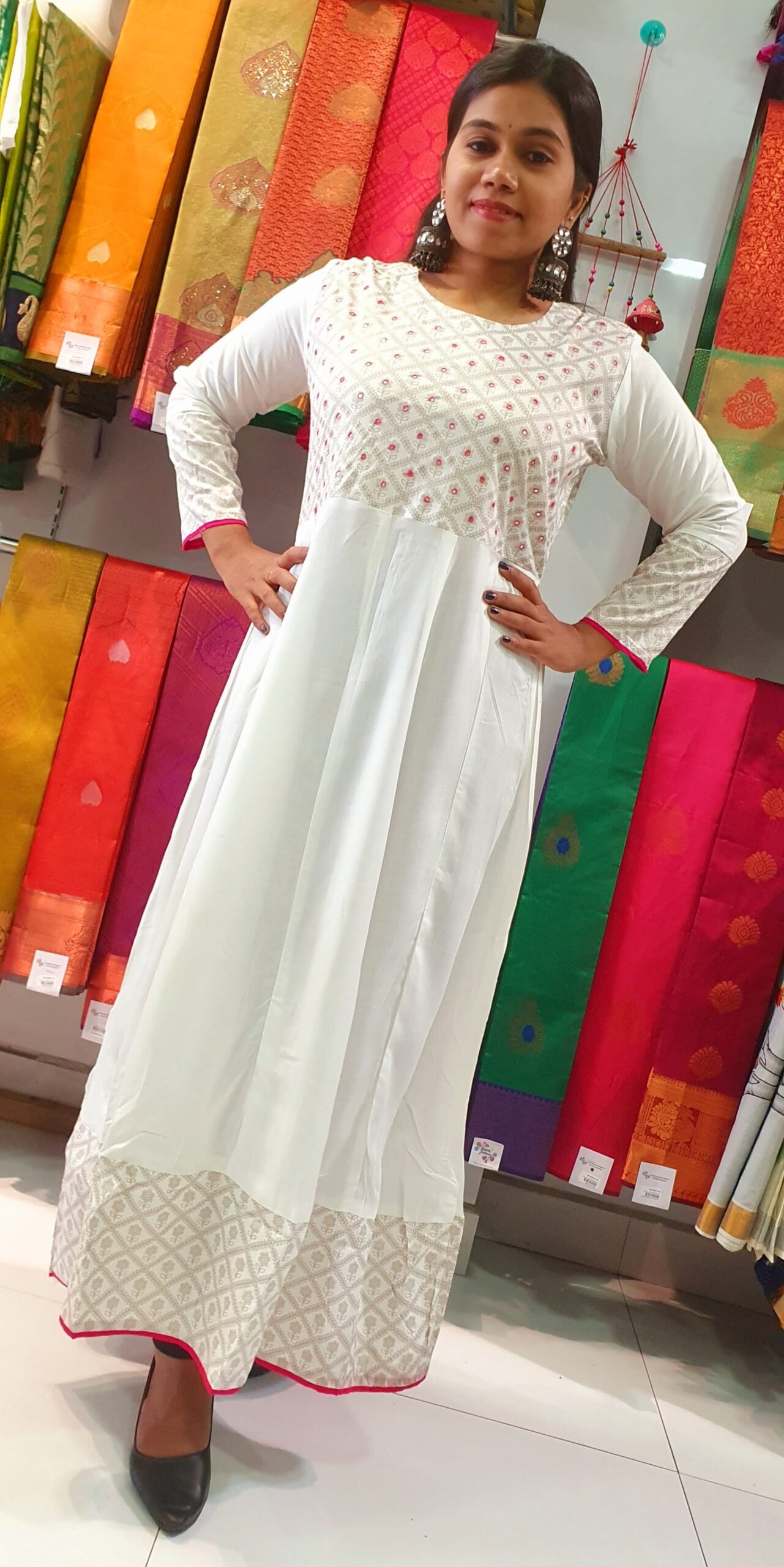 White and Pink Embroidery Frock Style Kurthi - Image 3
