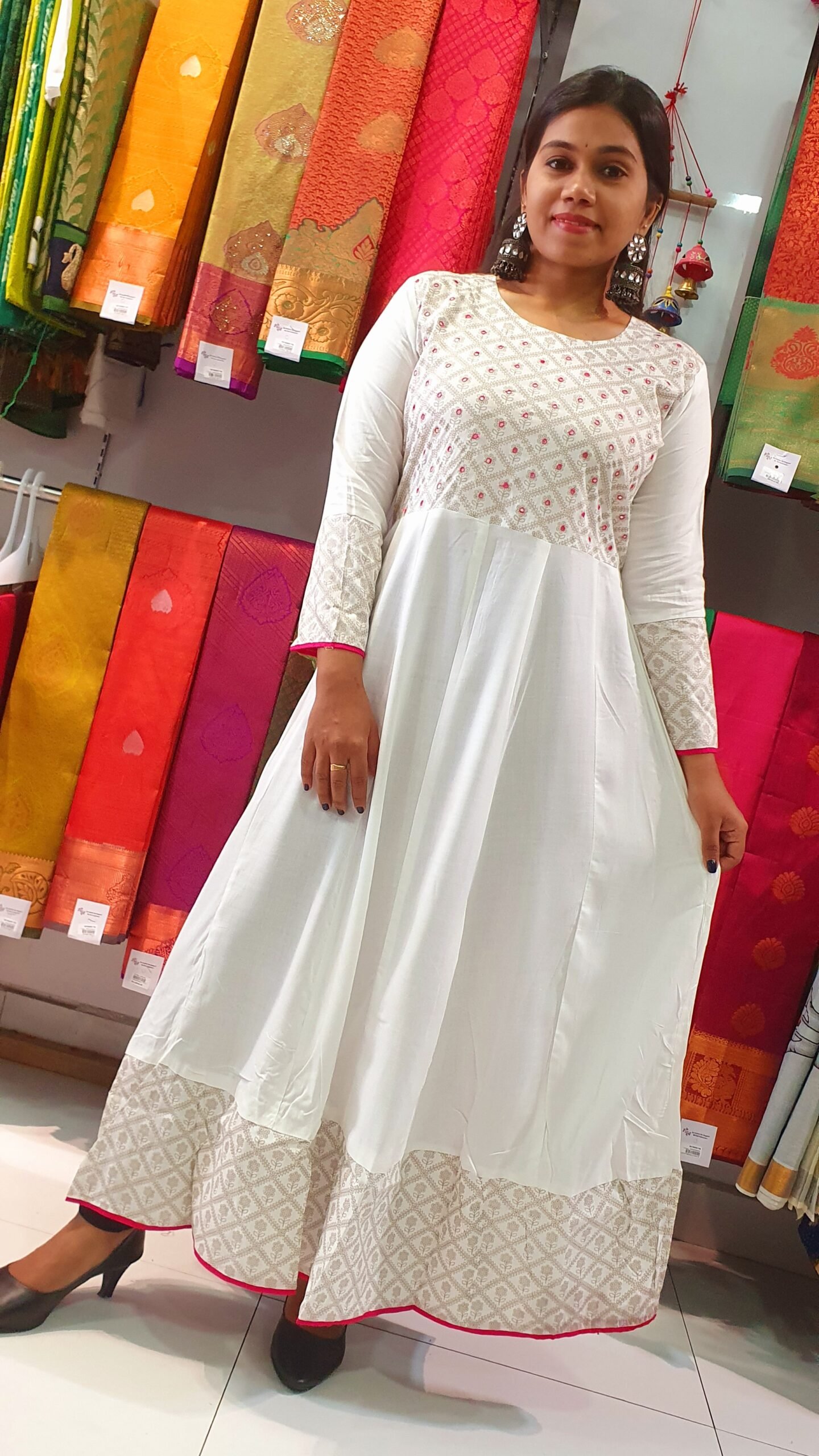 White and Pink Embroidery Frock Style Kurthi - Image 2