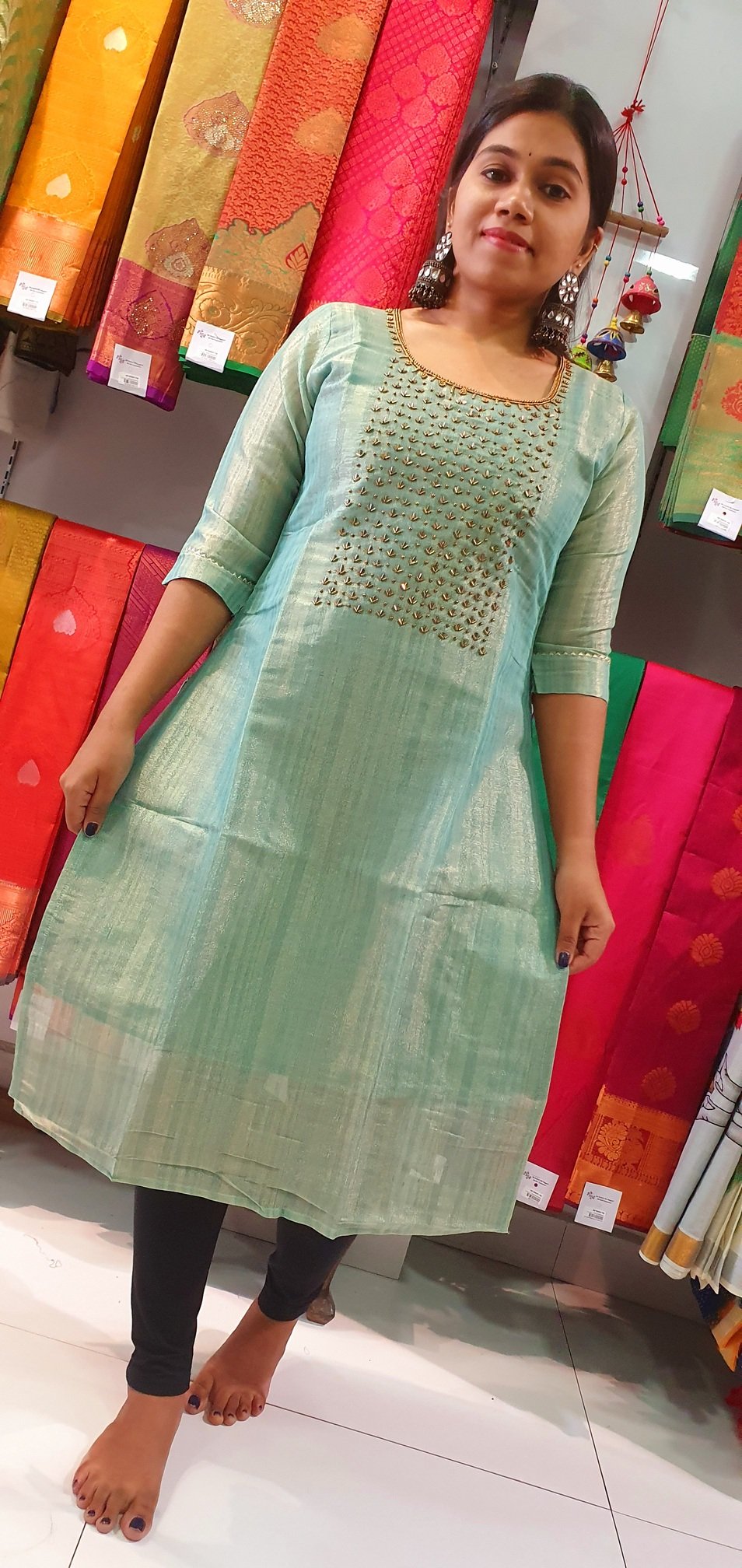 Peacock Green Aari Work Side Open Kurthi