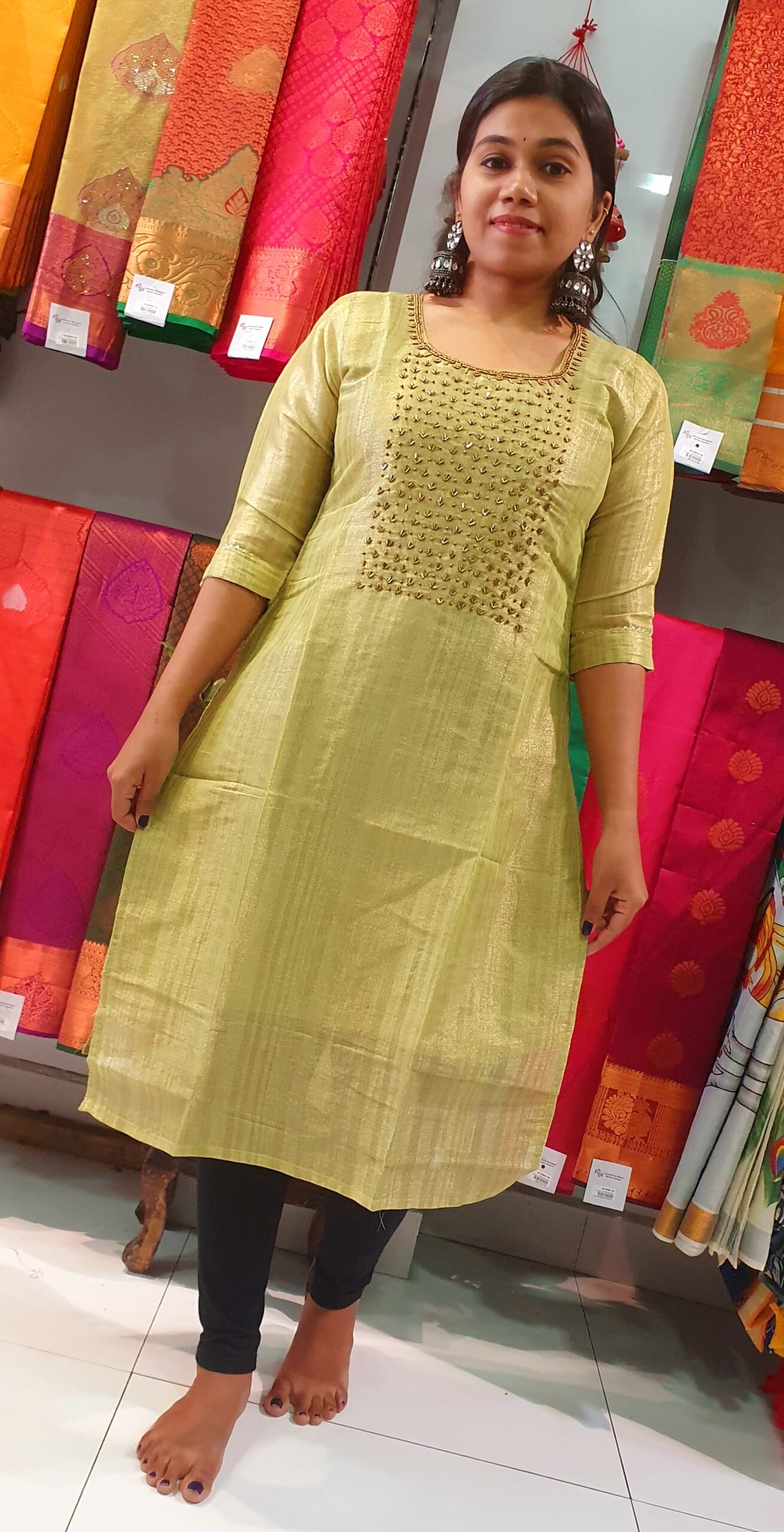 Light Green Aari Work Side Open Kurthi - Image 5