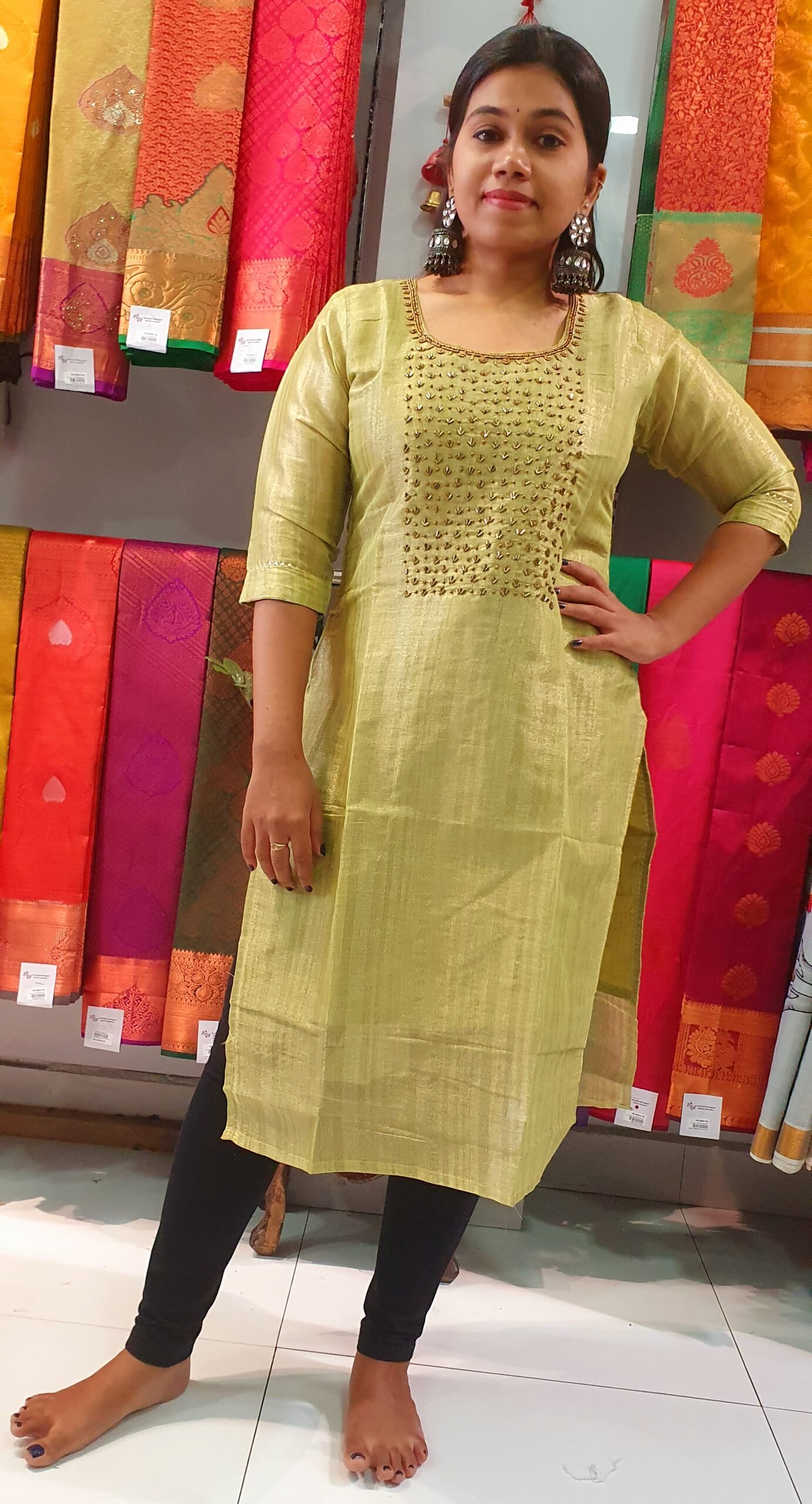 Light Green Aari Work Side Open Kurthi - Image 4