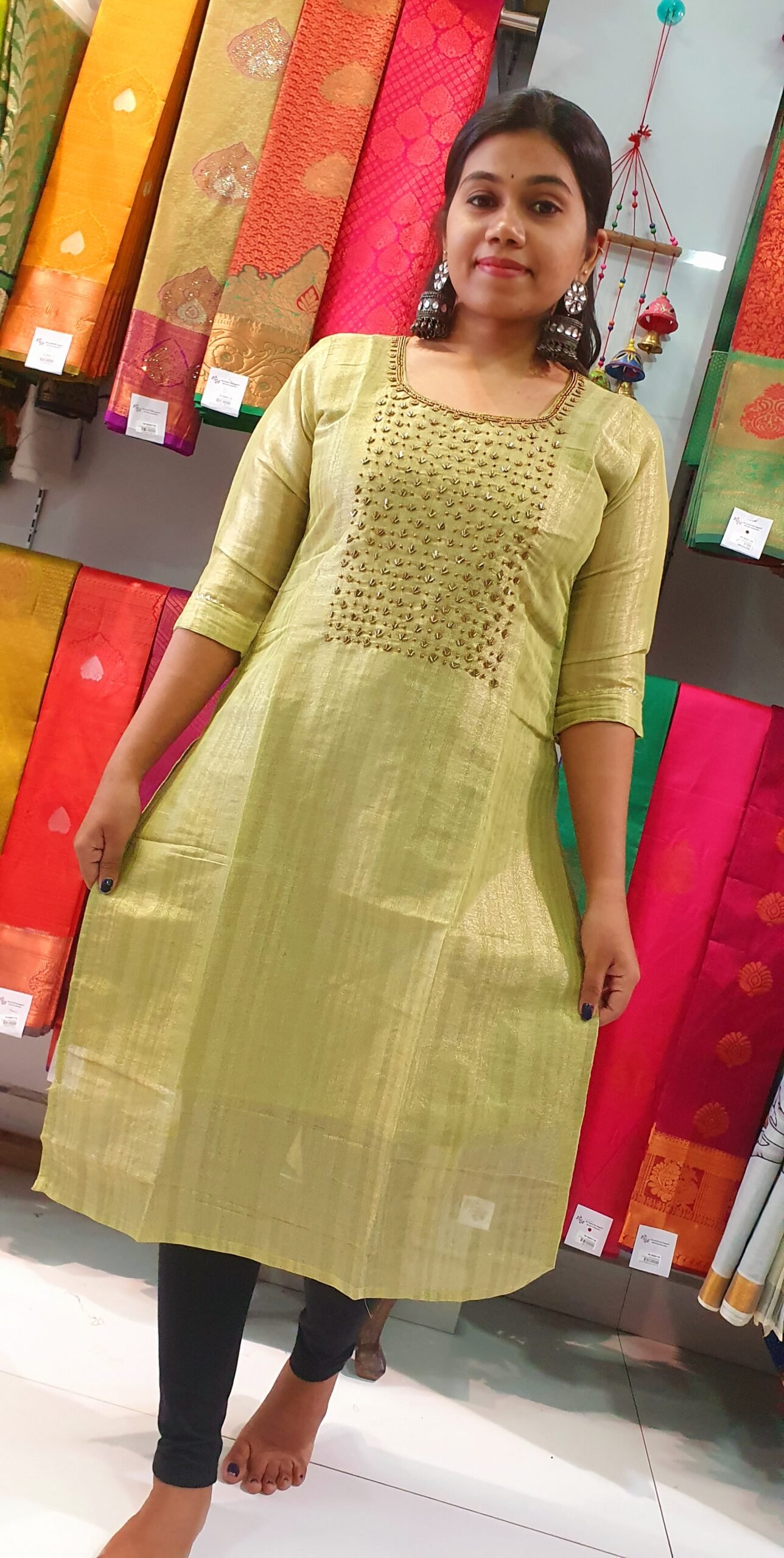 Light Green Aari Work Side Open Kurthi