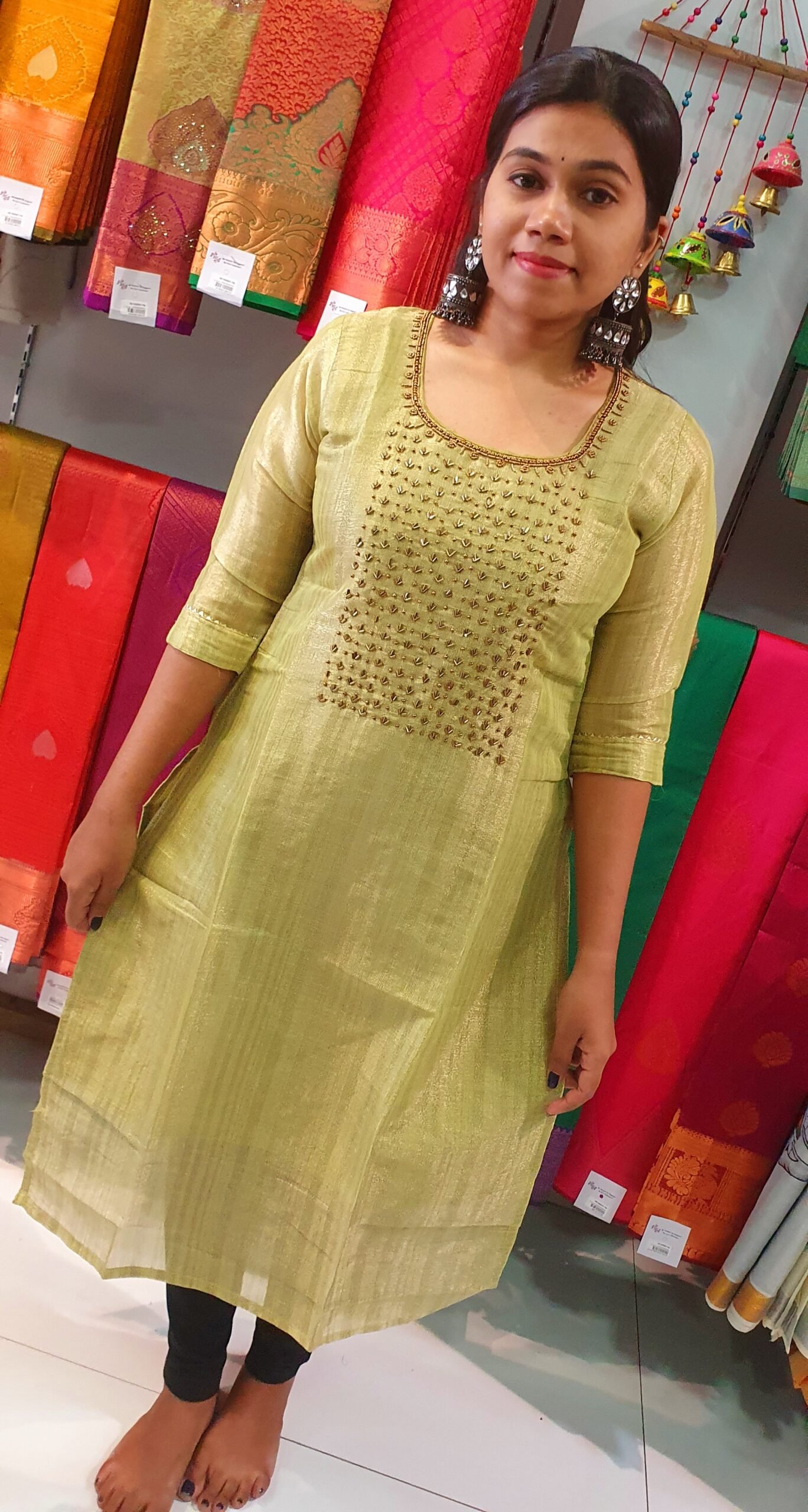 Light Green Aari Work Side Open Kurthi - Image 2