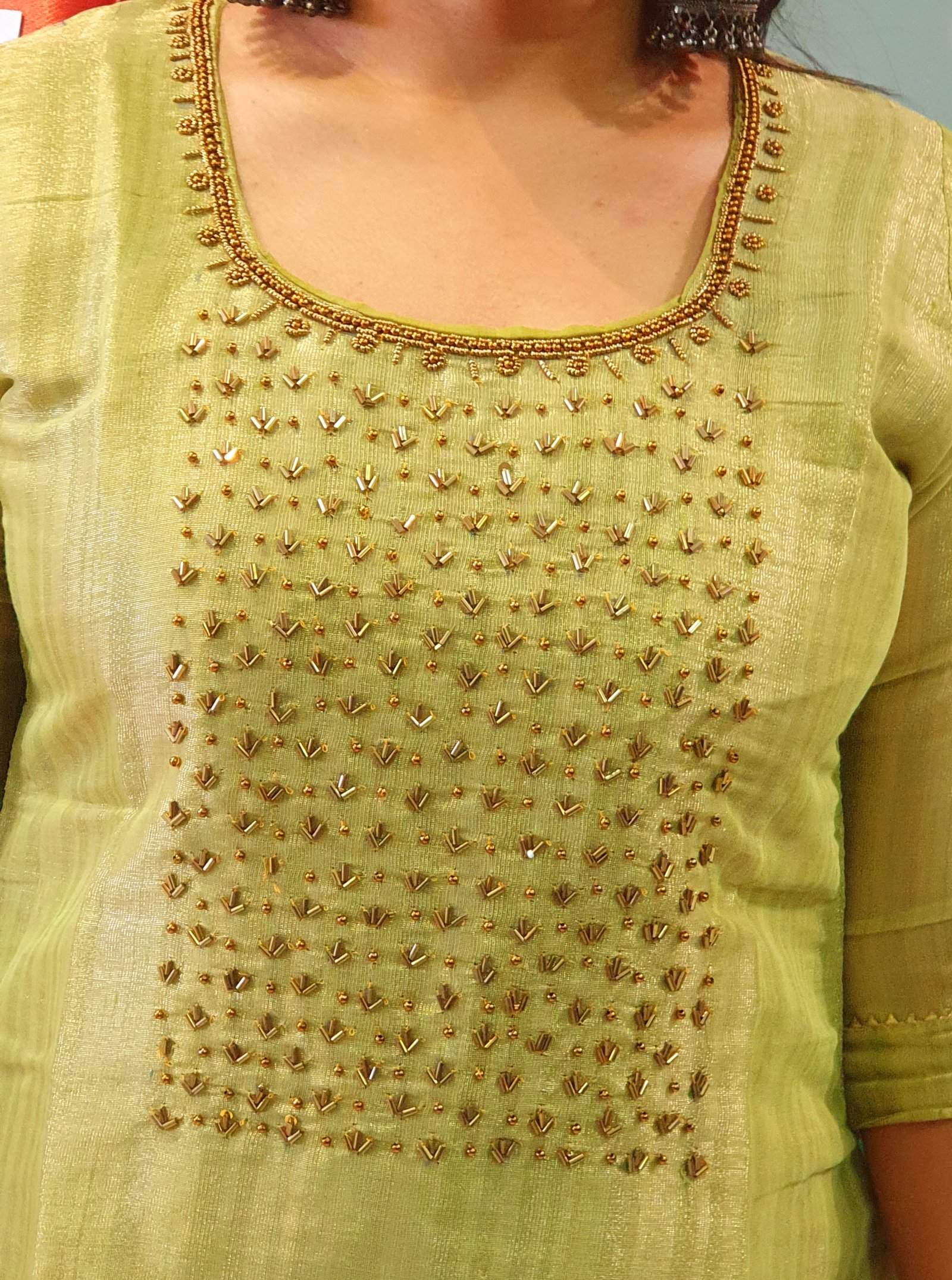 Light Green Aari Work Side Open Kurthi - Image 6