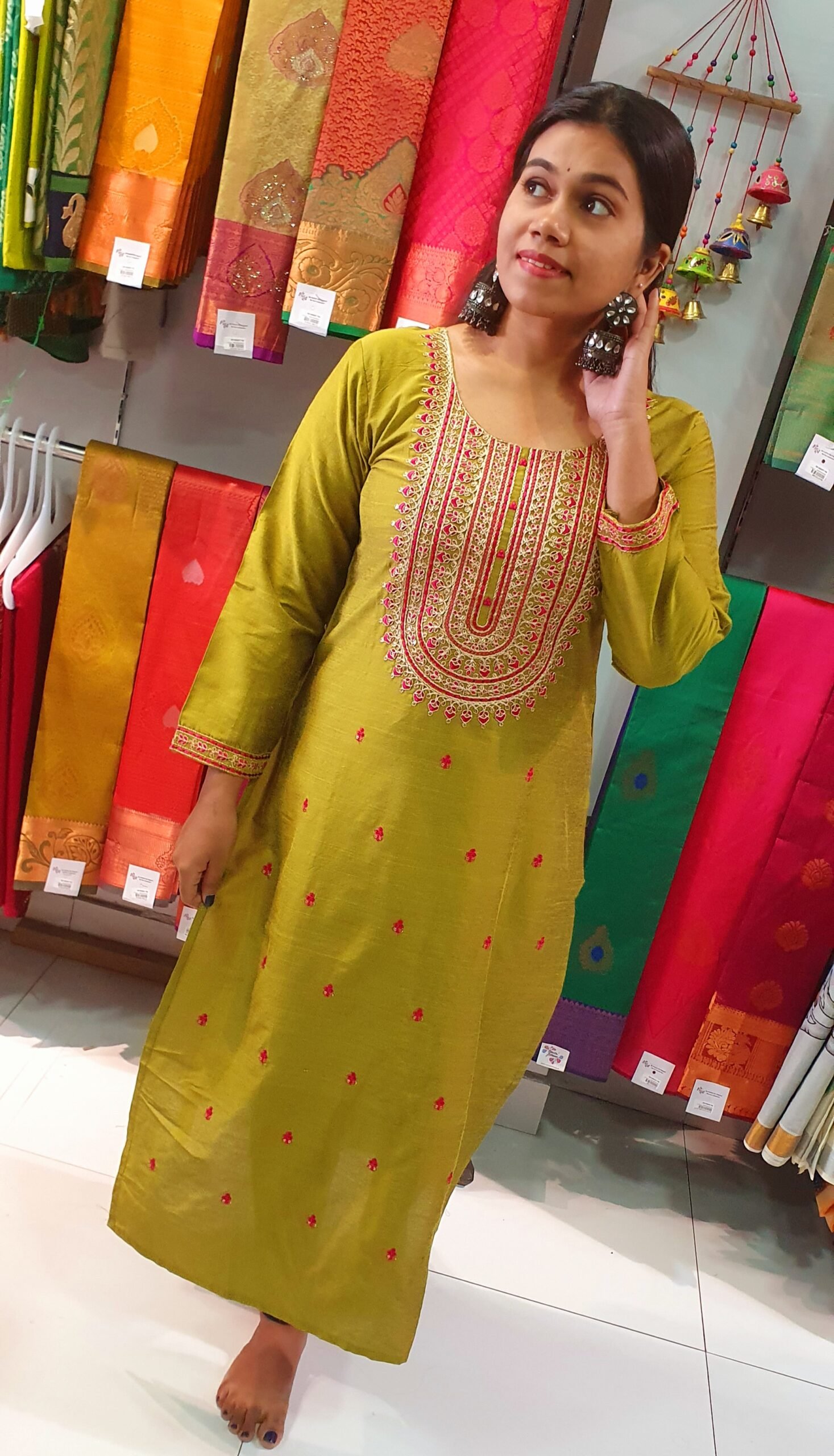 Light Olive Green Embroidery Side Open Kurthi - Image 4