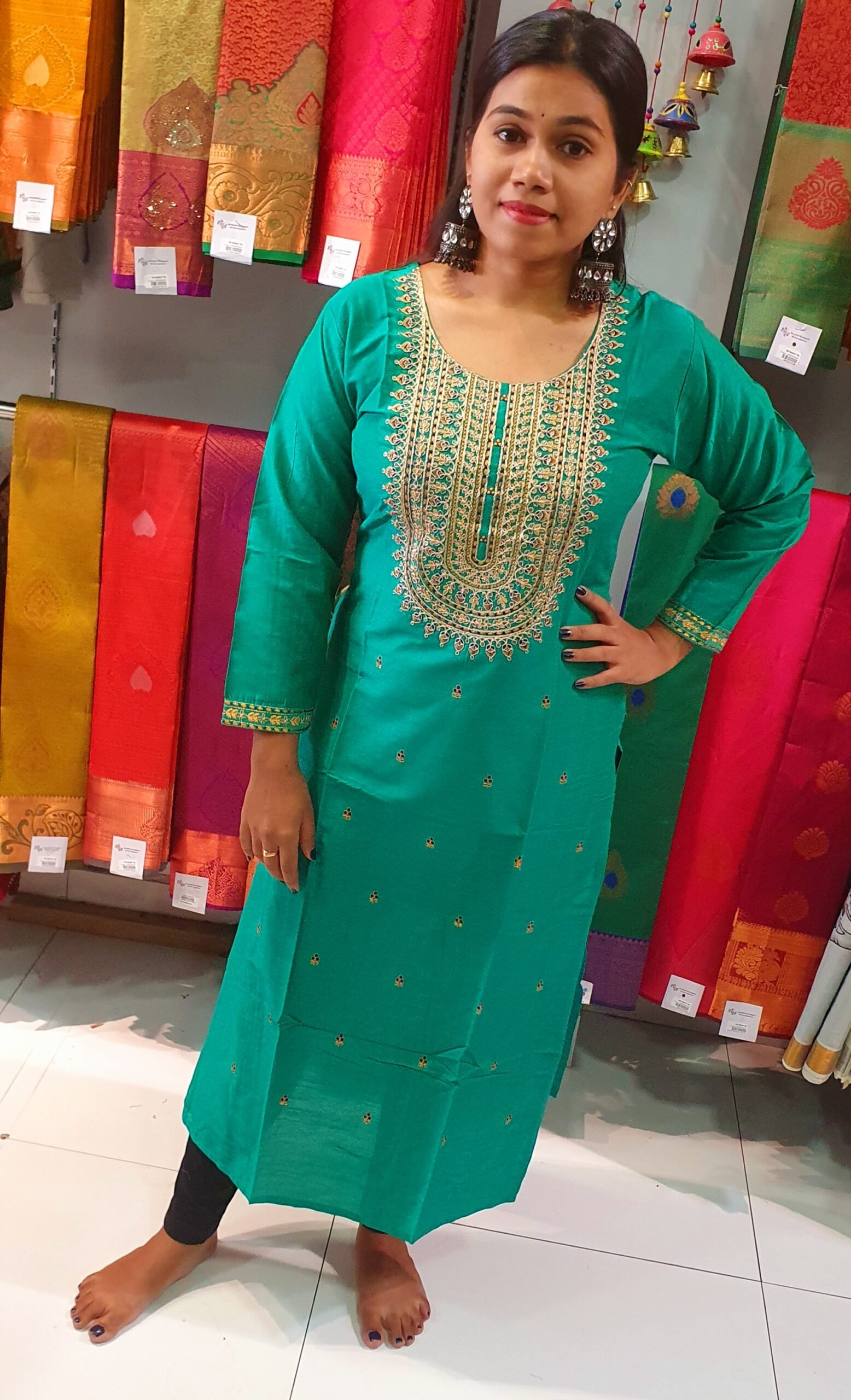 Peacock Green Embroidery Side Open Kurthi - Image 2