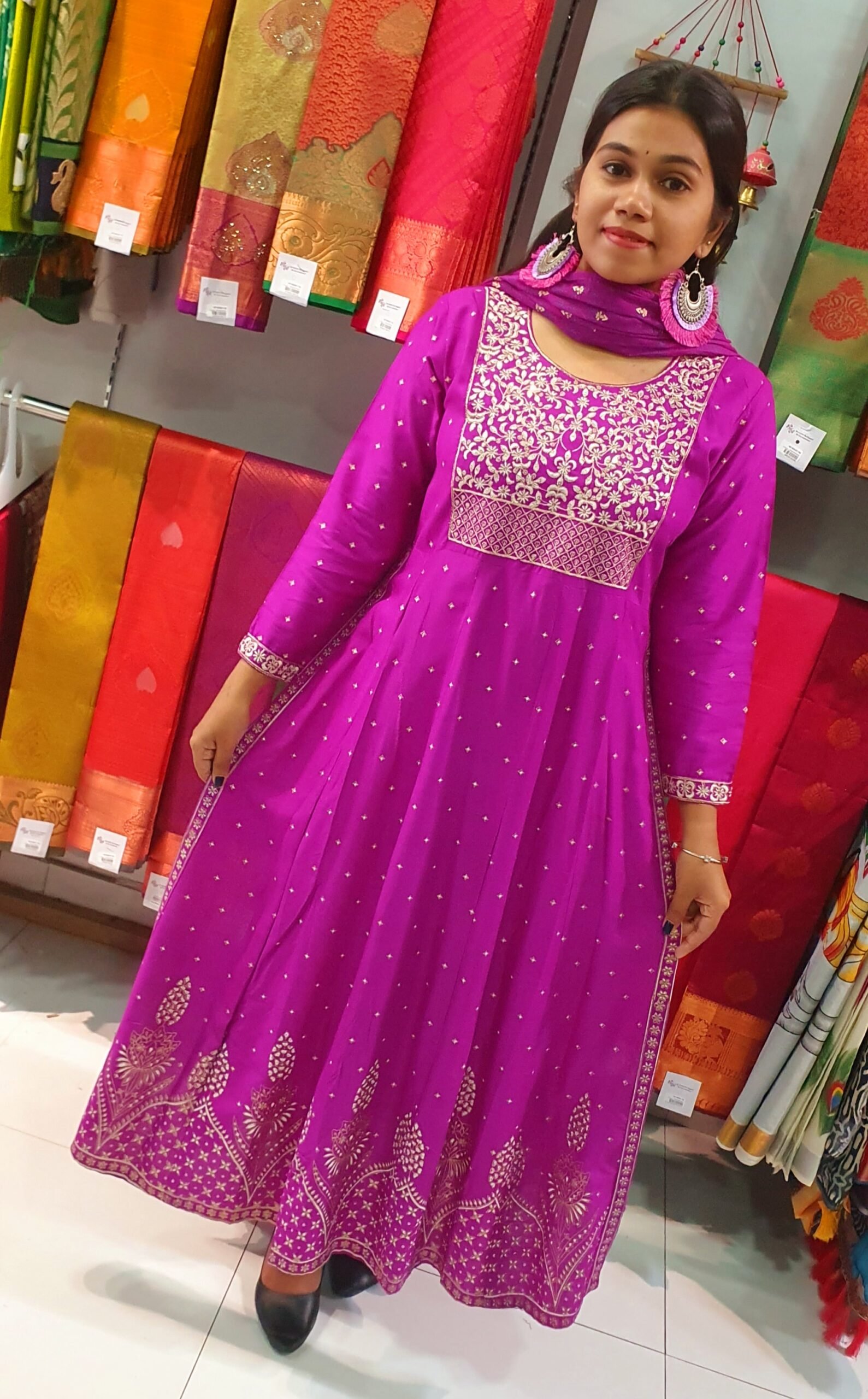 Purple and Gold Printed Side Open Cut Full Set Kurthi - Image 5