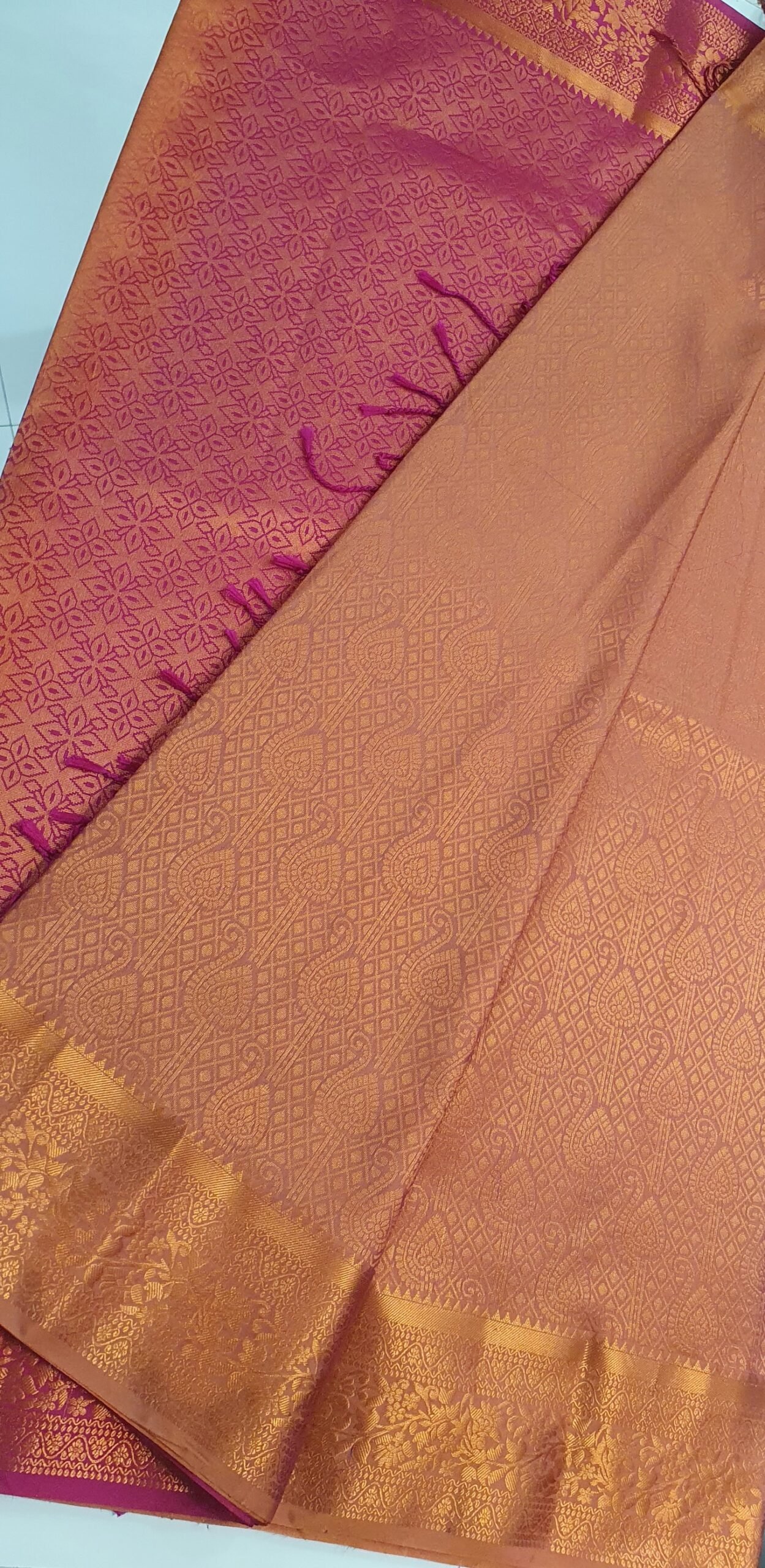 Peach Colour and Magenta Semi Silk Saree