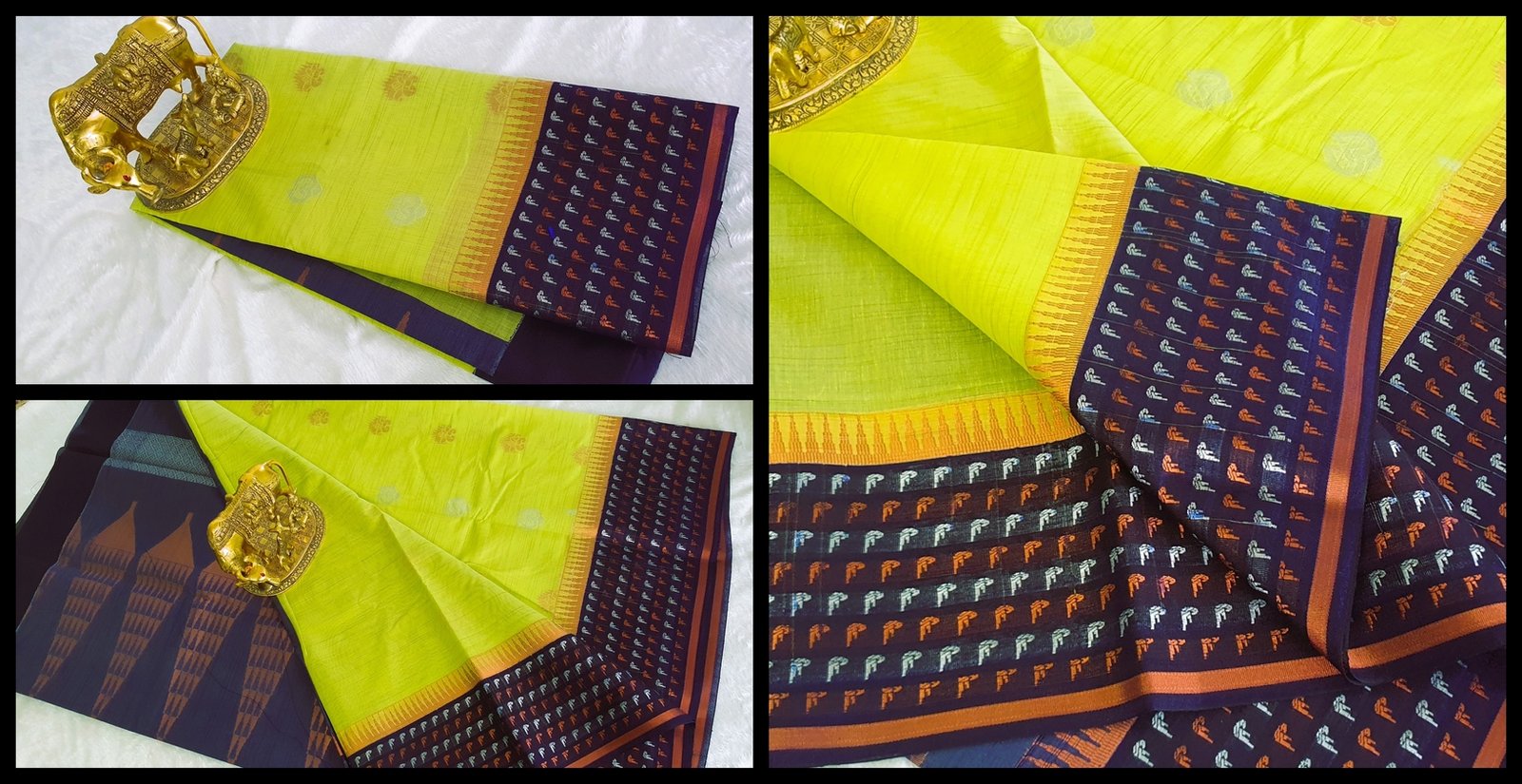 Light Yellow and Dark Blue Silk Saree