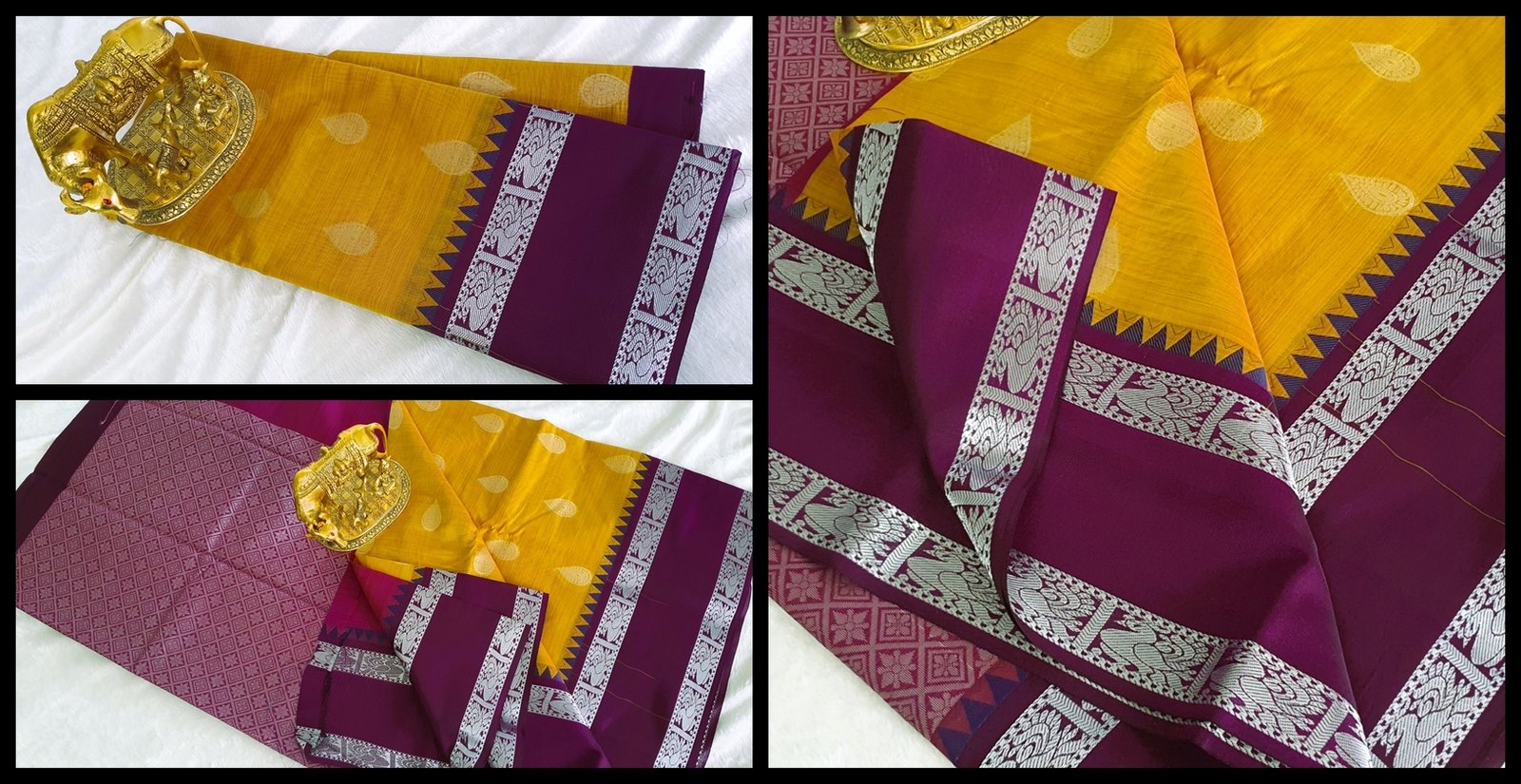 Golden Yellow and Dark Purple Silver Silk Cotton Saree
