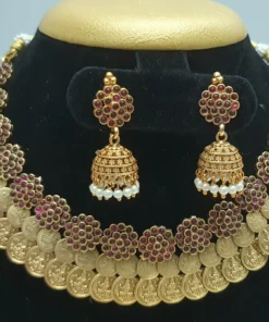 Alternative view of Flower And  Coin Designer Matte Finished Necklace