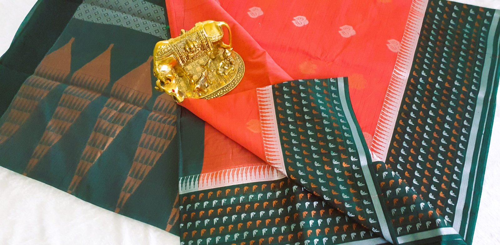 Orange and Dark Green Silk Cotton Saree - Image 2