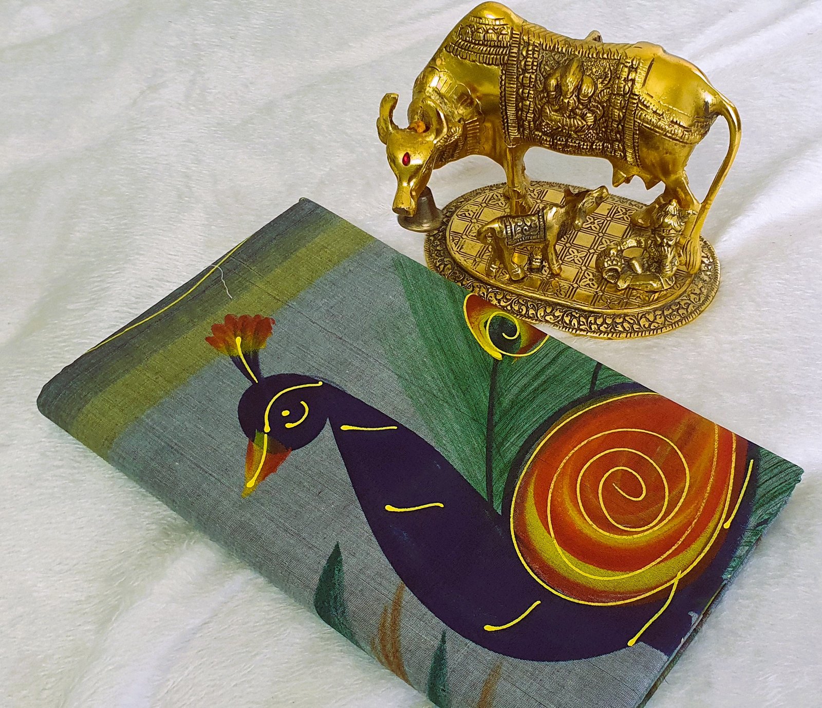 Light Grey and Black Peacock Hand Painted Cotton Saree - Image 9