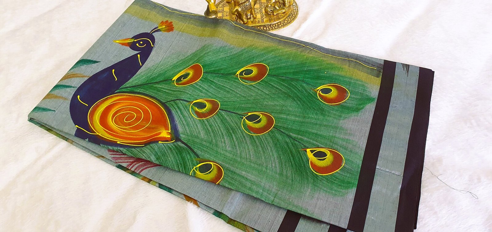 Light Grey and Black Peacock Hand Painted Cotton Saree