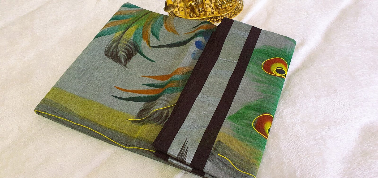 Light Grey and Black Peacock Hand Painted Cotton Saree - Image 3