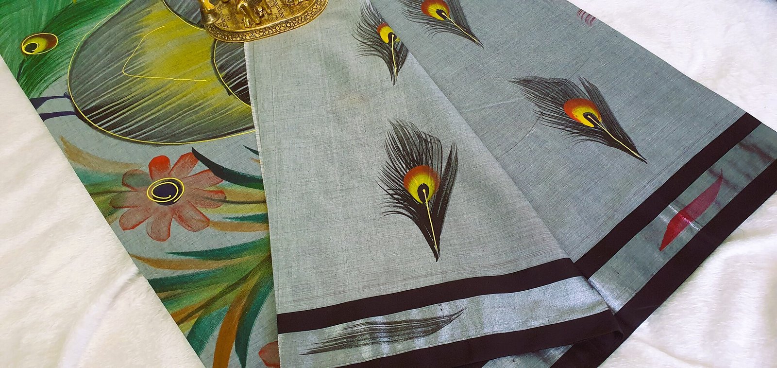 Light Grey and Black Peacock Hand Painted Cotton Saree - Image 4
