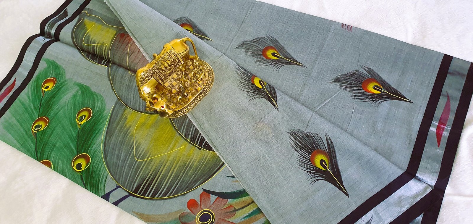 Light Grey and Black Peacock Hand Painted Cotton Saree - Image 5