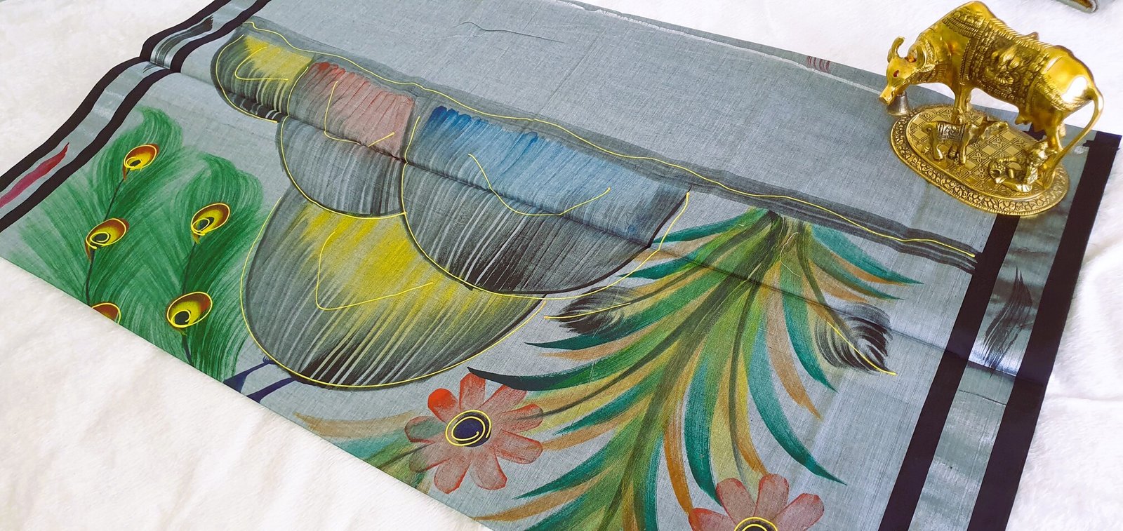 Light Grey and Black Peacock Hand Painted Cotton Saree - Image 6