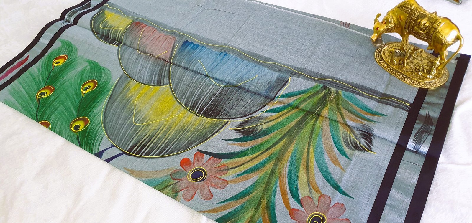 Light Grey and Black Peacock Hand Painted Cotton Saree - Image 7