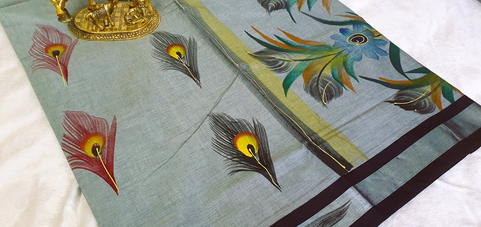 Light Grey and Black Peacock Hand Painted Cotton Saree - Image 8
