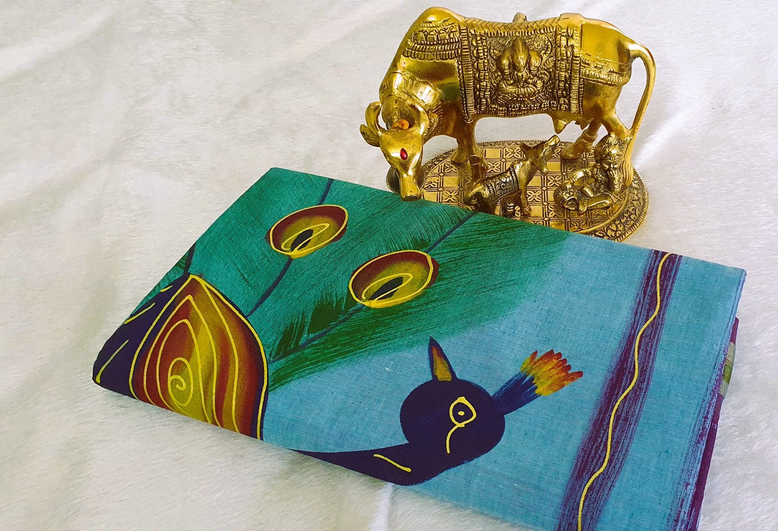 Light Blue and Marroon Peacock Hand Painted Cotton Saree - Image 8