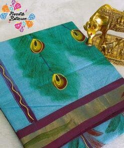 Light Blue and Marroon Peacock Hand Painted Cotton Saree