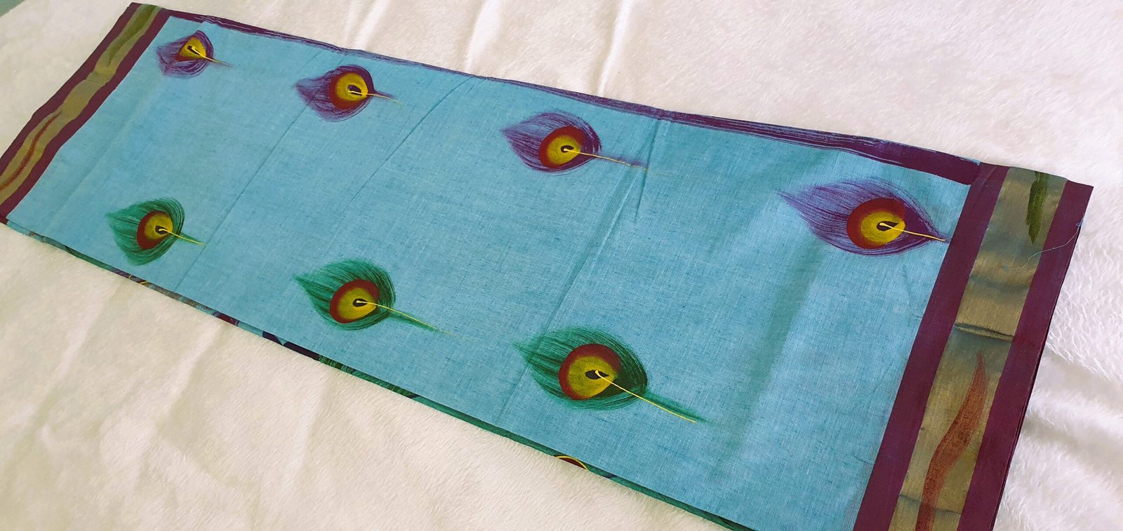 Light Blue and Marroon Peacock Hand Painted Cotton Saree - Image 6