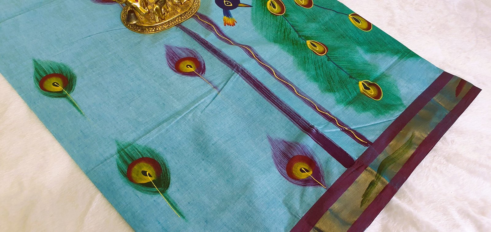 Light Blue and Marroon Peacock Hand Painted Cotton Saree - Image 5