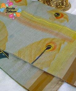 Off White Multi Colour Peacock Hand Painted Cotton Saree