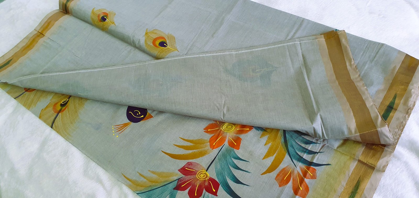 Off White Multi Colour Peacock Hand Painted Cotton Saree - Image 7