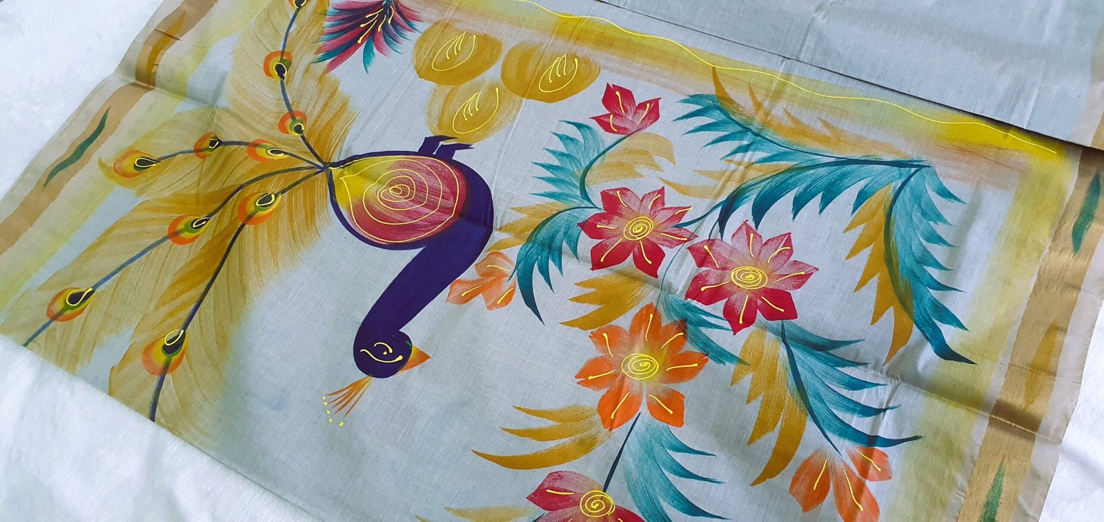 Off White Multi Colour Peacock Hand Painted Cotton Saree - Image 5