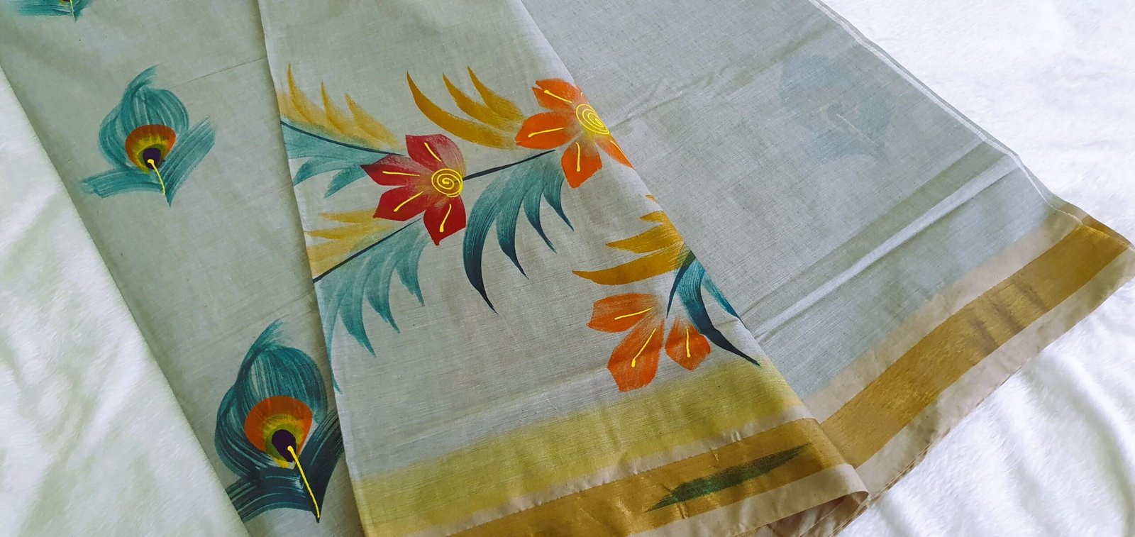 Off White Multi Colour Peacock Hand Painted Cotton Saree - Image 6