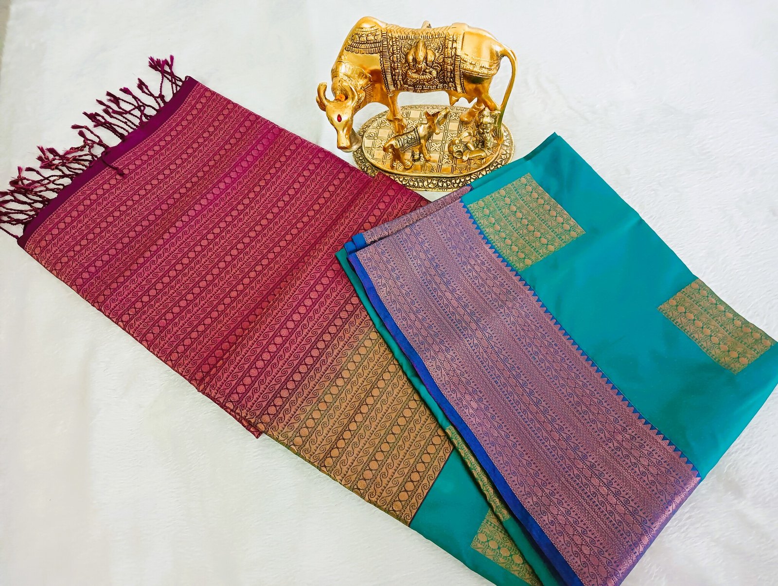 Peacock Blue and Pink Semi Silk Saree Peacock Blue and Pink Semi Silk Saree - Image 2