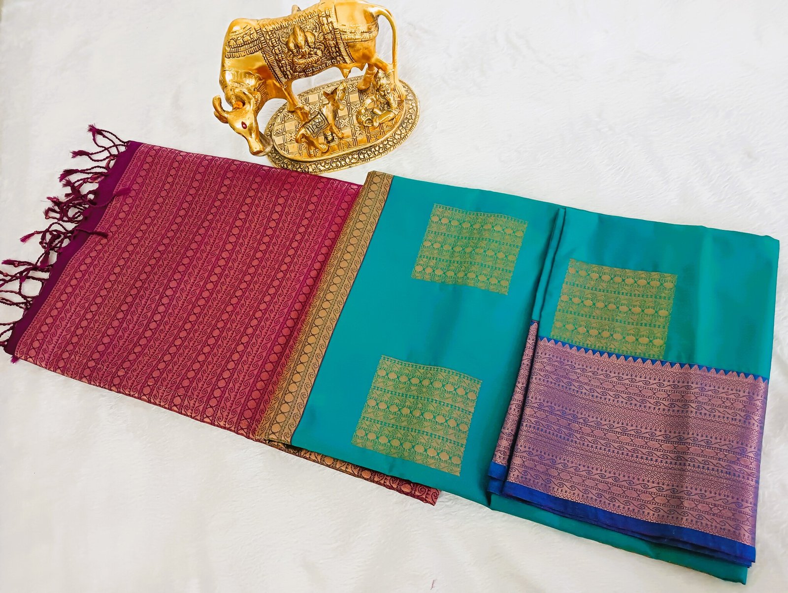 Peacock Blue and Pink Semi Silk Saree Peacock Blue and Pink Semi Silk Saree - Image 3