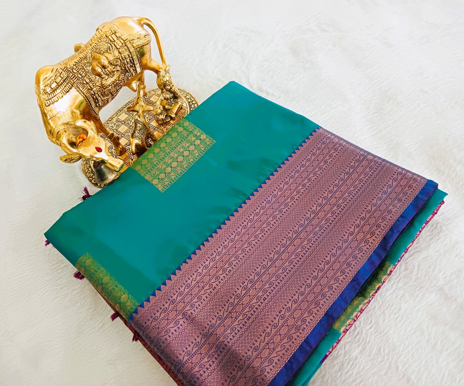 Peacock Blue and Pink Semi Silk Saree Peacock Blue and Pink Semi Silk Saree