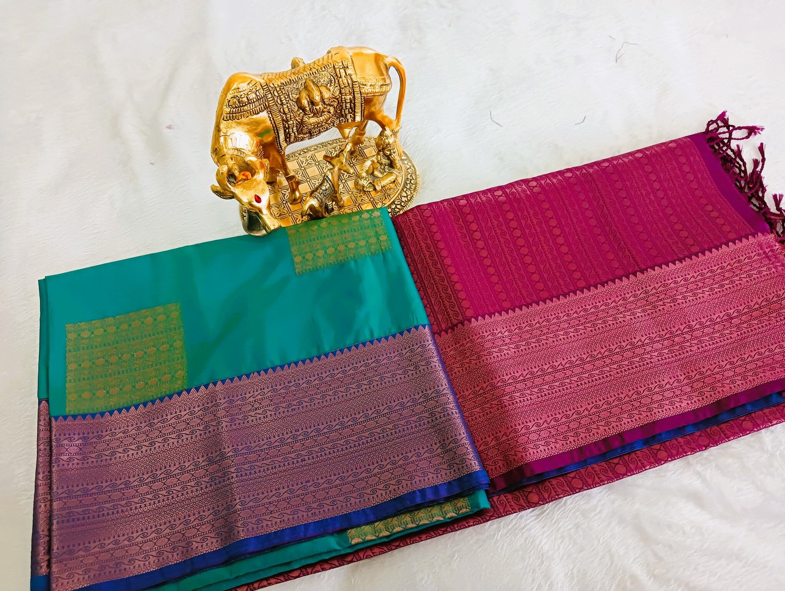 Peacock Blue and Pink Semi Silk Saree Peacock Blue and Pink Semi Silk Saree - Image 7