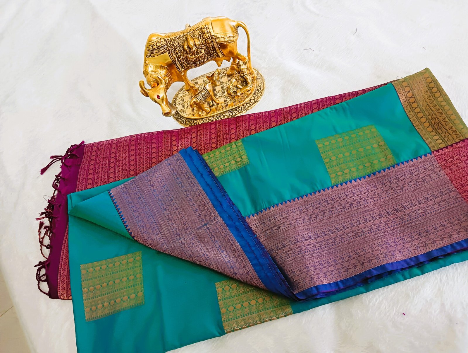 Peacock Blue and Pink Semi Silk Saree Peacock Blue and Pink Semi Silk Saree - Image 8