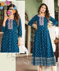 Blue Heavy Rayon Frock Style Designer Kurthi