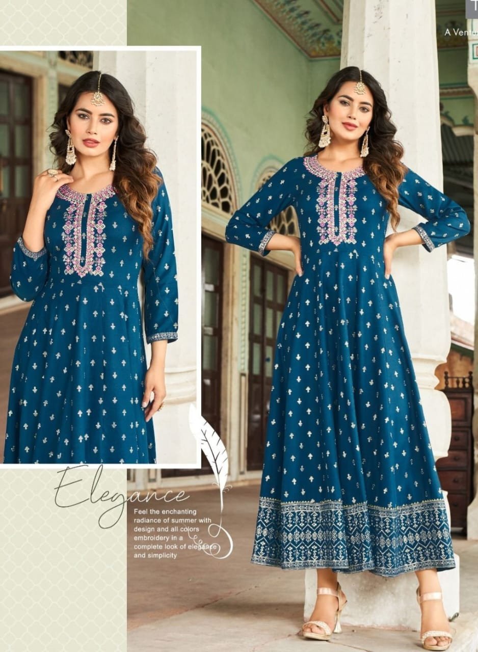 Blue Heavy Rayon Frock Style Designer Kurthi Blue Heavy Rayon Frock Style Designer Kurthi