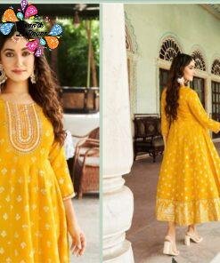 Yellow Heavy Rayon Frock Style Designer Kurthi