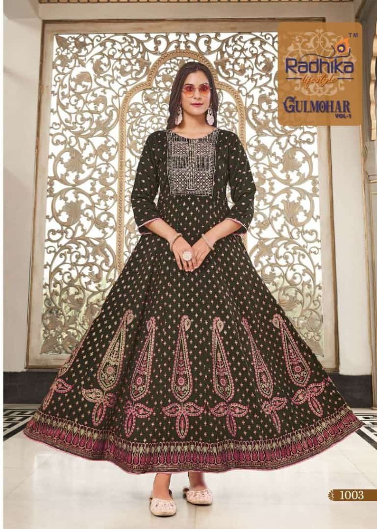 Brown and Gold Heavy Rayon Long Frock Brown and Gold Heavy Rayon Long Frock