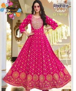 Dark Pink and Gold Heavy Rayon Long Frock