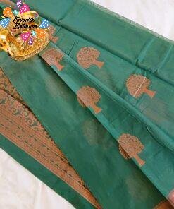 Tree Design Light Peacock Green andGold Silk Cotton Saree