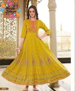 Yellow and Gold Heavy Rayon Long Frock