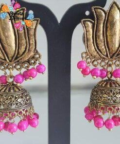 Lotus Flower Designer Pink Perl Oxidised Gold Jhumkas